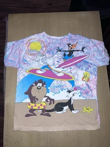 Vintage Looney Tunes Summer Surfing T-Shirt Cotton Blend Youth Size Small 1993 - Picture 1 of 8