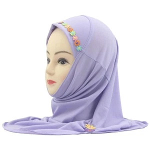 Muslim Kids Girl Flower Hijab Amira Turban Headscarf Shawl Wrap Instant Hat 2-6Y - Picture 1 of 47