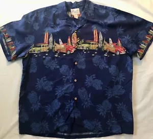 Camicia hawaiana ~ Diamond Head Uomo Taglia XL Woody Surf Board Ananas Blu USA - Foto 1 di 9