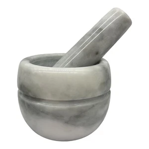 L’epicure Mortar & Pestle White Grey Natural Marble Spice Herb Pill Grinder Tool - Picture 1 of 10