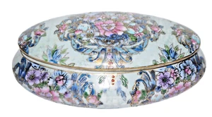 Portagioie porcellana vintage blu dipinto a mano coperchio floreale made in China - Foto 1 di 11