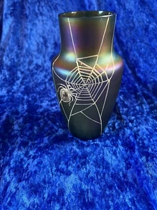 Irisierende Jugendstil Glas Vase Böhmen mit goldenen Spinnennetz - Bild 1 von 9