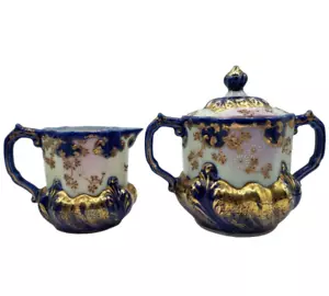 Antik Kobaltblau & Gold Emaille Blumen & Schriftrolle durchscheinend Sahne & Zucker Set - Bild 1 von 14