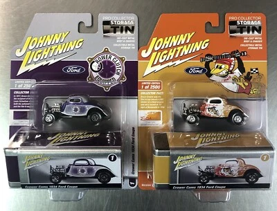 JOHNNY LIGHTNING STORAGE TIN CROWER CAMS 1934 FORD COUPE VERSION A & B •LOT OF 2 - Image 1 of 4