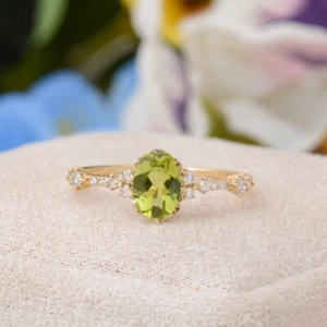 Oval Cut Green Peridot 14K Yellow Gold Plated On Silver Art Deco Cocktail Ring - Picture 1 of 4