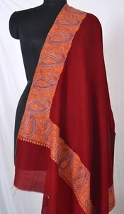 TIEFROTER handbestickter Bordürenschal 100 % Kaschmir Pashmina Paisley Palla Halstuch - Bild 1 von 5
