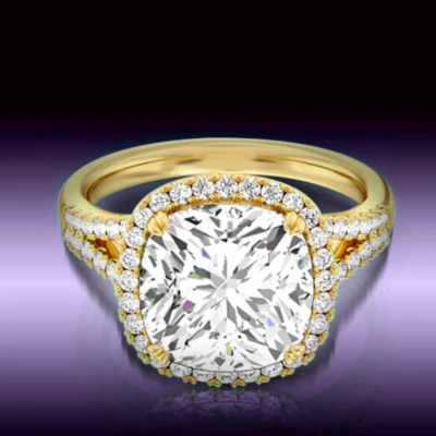 Diamond Ring For Wedding 18K Yellow Gold 3.70 Carat IGI Cushion Lab Created  - Image 1 of 4