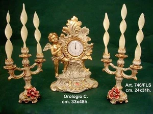 TRIS OROLOGIO CON ANGELO E CANDELIERI A 3F CERAMICA AVORIO FOGLIA ORO CRISTALLI - Imagen 1 de 1