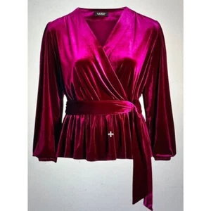 Lauren Ralph Lauren Burgundy Velvet Wrap Peplum Blouse Evening Party Top 3X - Picture 1 of 7