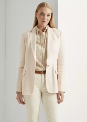 全新带标签 Lauren Ralph Lauren 女式人字形亚麻夹克外套粉色 2 码 $325 — 第 1/4 张图片