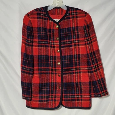 Petite 10 - LIZ CLAIBORNE Wool Blend Red & Blue Jacket - Gold Buttons, Lined - Image 1 of 4