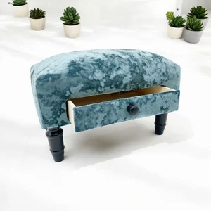 Luxury Blue Deluxe Velvet Ottoman Footstool with Shabby Chic Drawer for Bedroom - Picture 1 of 5