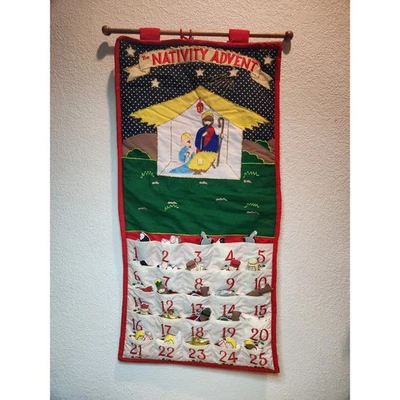1995 Pockets of Learning Nativity Advent Calendar Fabric Wall Hanging 25 Pieces - Image 1 of 4