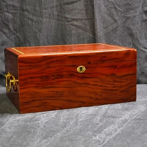 Lacquered Brown Wood Decorative Wood Inlay Border Cigar Humidor Box Mahogany - Picture 1 of 13