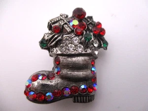 Christmas Holiday stocking boot green red pewter-tone brooch pin CH8 - Picture 1 of 5