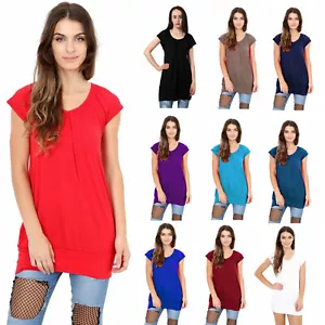 Womans Low Cut Plain Hip Long Line Top Gathering T Shirt Tunic UK Plus Size - Picture 1 of 13