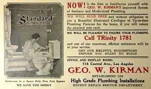 Tarjeta de visita de accesorios de baño de plomería George Kirman Los Ángeles CA 1924 - Imagen 1 de 5