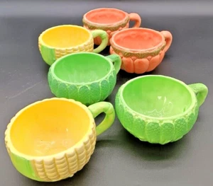 Vintage~Set of 6 Ceramic Majolica Soup Bowls with Handles Carrot/Corn/Asparagus - Picture 1 of 14