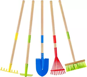 Kids Garden Tool Set Safe Toddler Size Hoe, Rake Shovel Leaf Rake Broom 5Pc - Picture 1 of 12