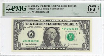 2003A $1 BOSTON FRN. PMG SUPERB GEM Uncirculated 67 EPQ Banknote. - Image 1 of 2