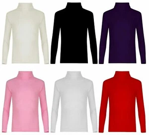 CHILDRENS GIRLS KIDS RIBBED POLO ROLL NECK PLAIN LONGSLEEVE TOP JUMPER 5-13 YEAR - Picture 1 of 9