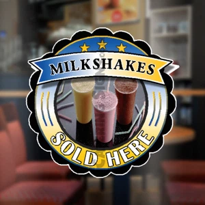 Milkshake Sold Here Circle Sticker Blue - Cafe Window Sign Ice Cream Trailer - Picture 1 of 1
