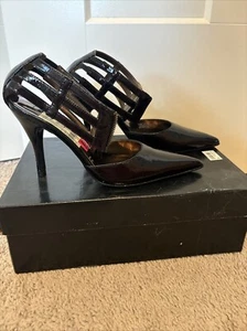NIB CARLOS SANTANA sexy Caged Heels Sandals Black Patent Leather Sz 6.5 - Picture 1 of 7