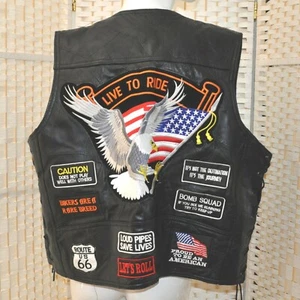 Buffalo Leather Biker Vest XL 14 Patches American Eagle USA Rte 66 Diamond Plate - Picture 1 of 12