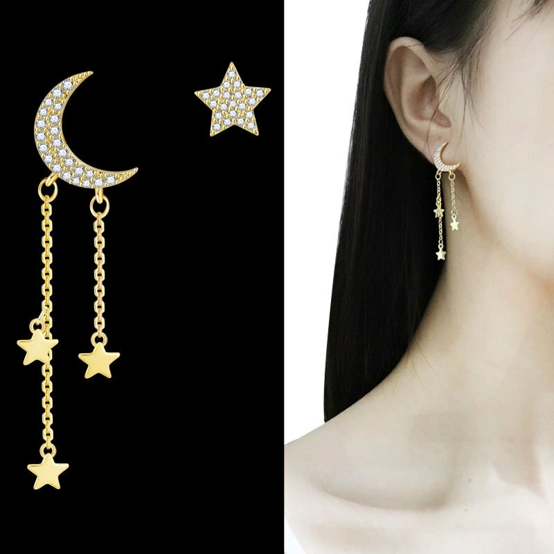 LAB CREATED LONG DROP DANGLE, MOON / STAR 14K GOLD PLATED EARRINGS. - Image 1 of 1