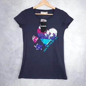 Desigual Top Girls 13 / 14 Blue Short Sleeve T Shirt Sequin Heart Love Happy - Picture 1 of 17