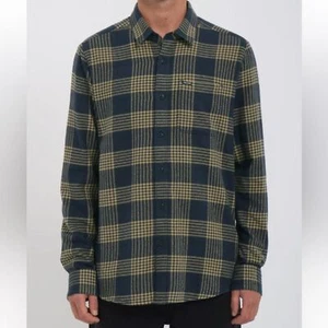Volcom Caden Plaid Shirt Navy Blue and Tan Casual Button Down Shirt XL Flannel - Picture 1 of 10