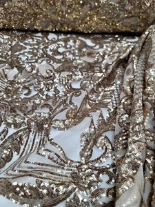 Damask Design Matte Gold Sequin Fabric On Mesh 4Way Stretch Lace By The Yard - Picture 1 of 10
