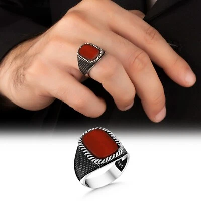 Solid 925 Sterling Silver Jewelry Square Red Agate Gemstone Men's Ring - Image 1 of 4