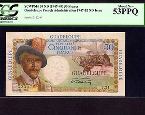 Guadeloupe 50 Francs 1947 P-34 * PCGS AU 53 PPQ * French Administration * - Picture 1 of 2
