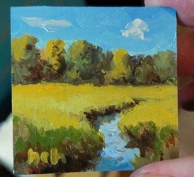 Пейзаж картина маслом. Мини-картина 2x2 дюйма. Крошечная картина. - Изображение 1 из 2