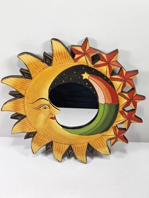 "Espejo de pared de colección con acento celeste pintado a mano madera sol luna estrellas años 90 12""" Foto 1 de 2