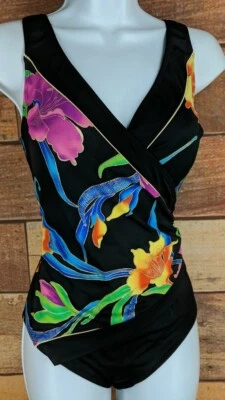 Купальник цельный 90-х Longitude ~10 ~ черный тропический цветочный крест - Изображение 1 из 4