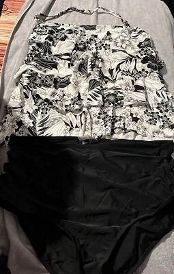 Camiseta de baño Tankini Island Escape con volantes halter negra talla 14 parte inferior libre 2X Foto 1 de 4