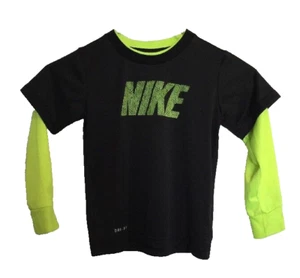 Nike Size 4 Shirt Long Sleeves Black Neon Green Layered Look Dri-Fit Lightweight - Picture 1 of 12
