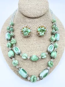 Hobe Vintage Double Strand Green Glass Cathedral Bead Necklace And Clip Earring - Picture 1 of 7