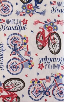 America the Beautiful Patriotic Bicycles Vinyl Flannel Back Tablecloth 60" Round - Image 1 of 4