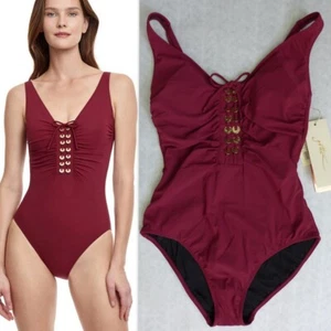 GOTTEX Golden Touch Beaded V-Neck One Piece Swimsuit Size 6 in Wine $178 - Picture 1 of 17