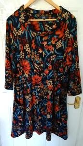 Isle Collection 22 Pullover Kleid Wasserfallausschnitt Taschen dunkelblau braun Blumen Stretch - Bild 1 von 12