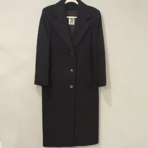Vintage JNY Long Pea Coat Wool Black 3 Button size Medium - Picture 1 of 15