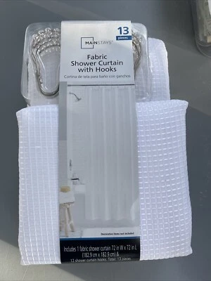 Cortina de ducha de tela Mainstays con ganchos blanco ártico gofre 72" x 72" 13 piezas  Foto 1 de 2