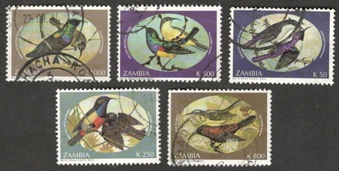 (AOP) Zambia #624 636 1993 Birds postally used (5) Cover