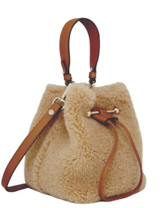 AUTH NWT Strathberry Mini Lana Ossette Genuine Shearling Bucket Bag In Caramel - Picture 1 of 17