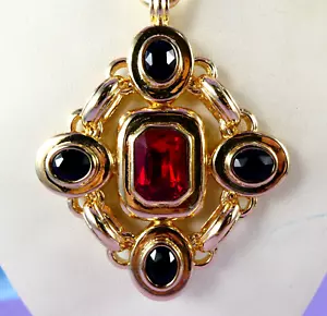 Beautiful Huge GRAZIANO Red Black Diamond Shape Pendant Necklace MASSIVE Golden - Picture 1 of 14