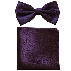 New formal men's pre tied Bow tie & hankie set paisley pattern dark purple prom - Picture 1 of 4