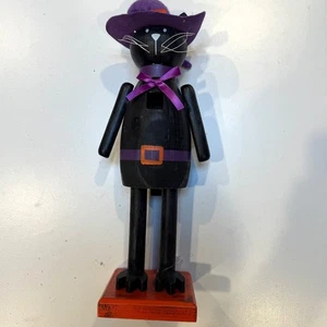 Cascanueces Gato Negro Madera con Sombrero de Bruja Púrpura Halloween Vacaciones Inspiraciones - Imagen 1 de 8
